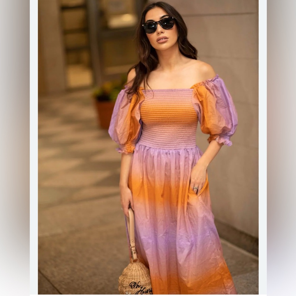 Jessie Zhao, Sunset Purple Orange Smocked Midi Dress, Size XS | 0241